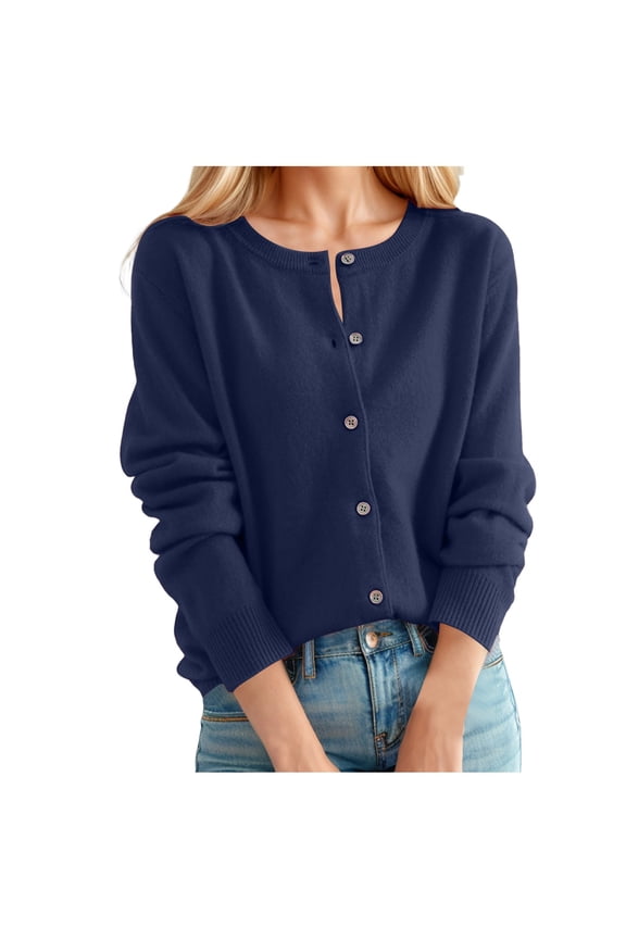 Women's Cardigan Sweater Classic Long Loose Cardigan Crew Neck Button Collar Womens Plus Size Open Front Sweaters Knit Front Open