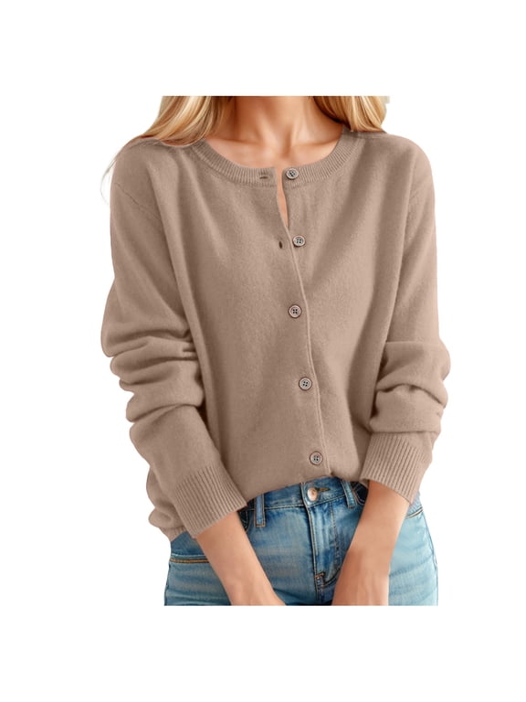 Women's Cardigan Sweater Classic Open Back Sweater Crew Neck Button Collar Light Cardigan for Women Knit Front Open