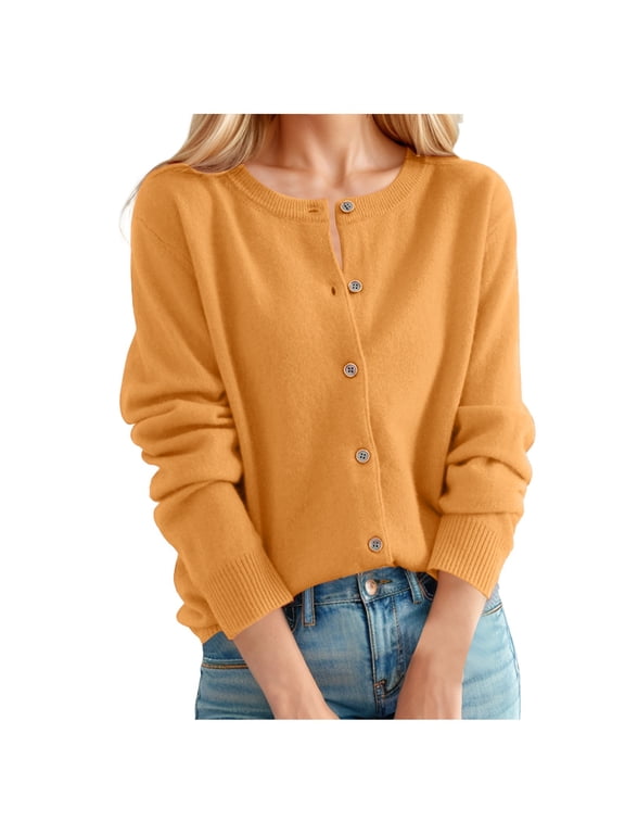Women's Cardigan Sweater Classic Women Cardigan Crew Neck Button Collar Long Loose Cardigan Knit Front Open