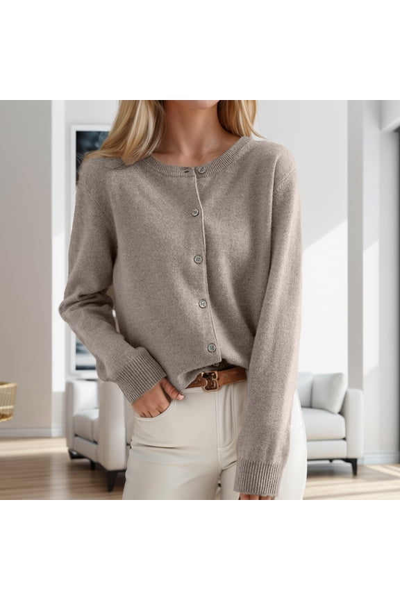 Women's Cardigan Sweater Crew Neck Button Collar Knit Cardigan Sweaters (Brown L)