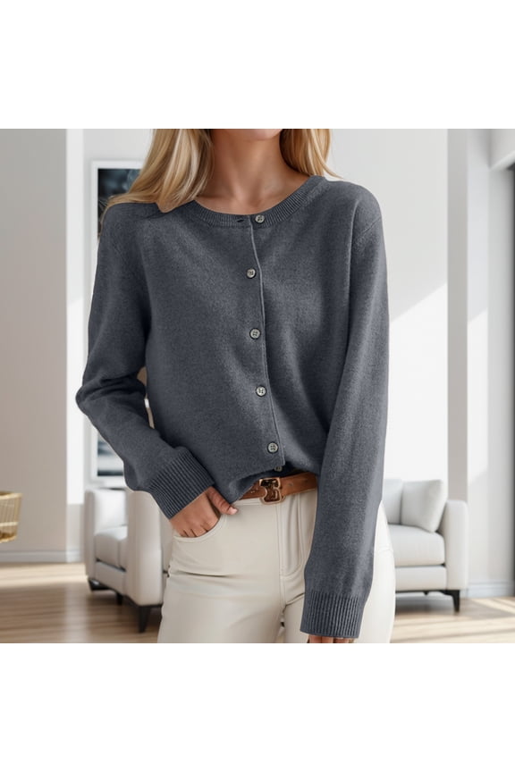 Women's Cardigan Sweater Crew Neck Button Collar Knit Cardigan Sweaters (Dark Gray S)