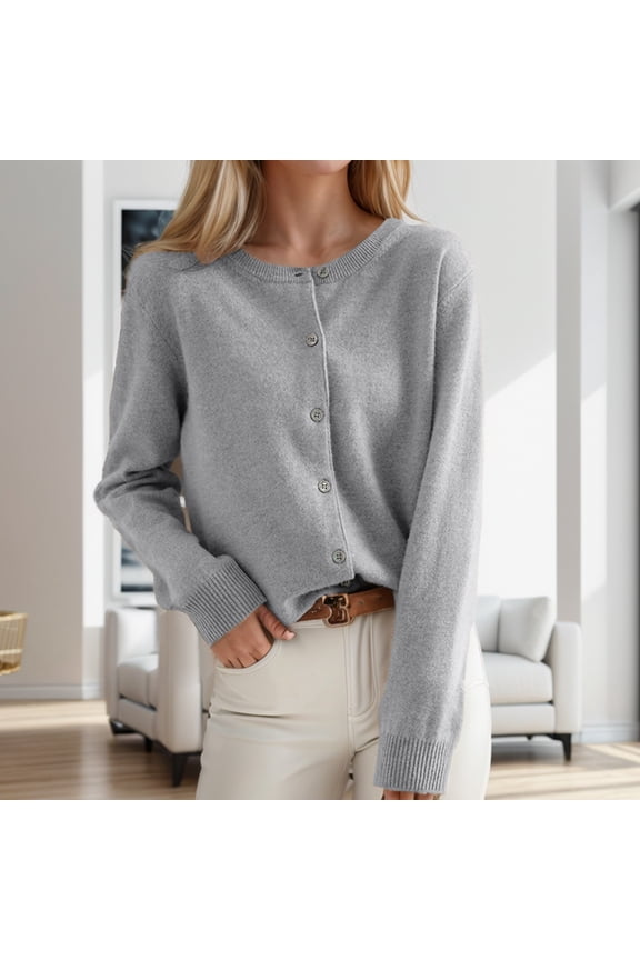 Women's Cardigan Sweater Crew Neck Button Collar Knit Cardigan Sweaters (Light Gray XXL)
