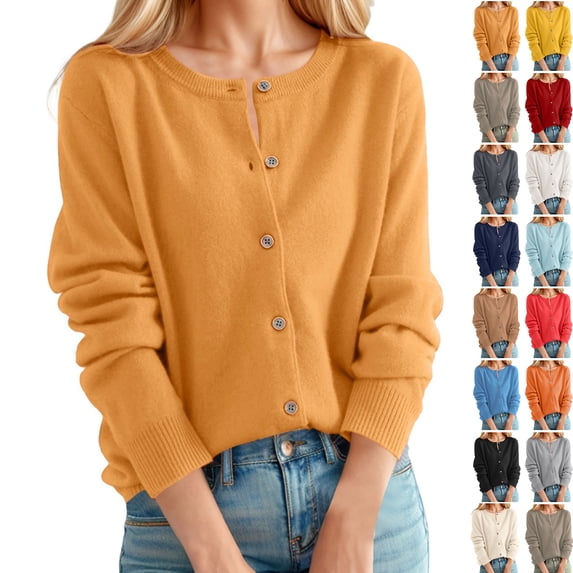 Women's Cardigan Sweater Crew Neck Button Collar Knit Cardigan Sweaters (Orange M)