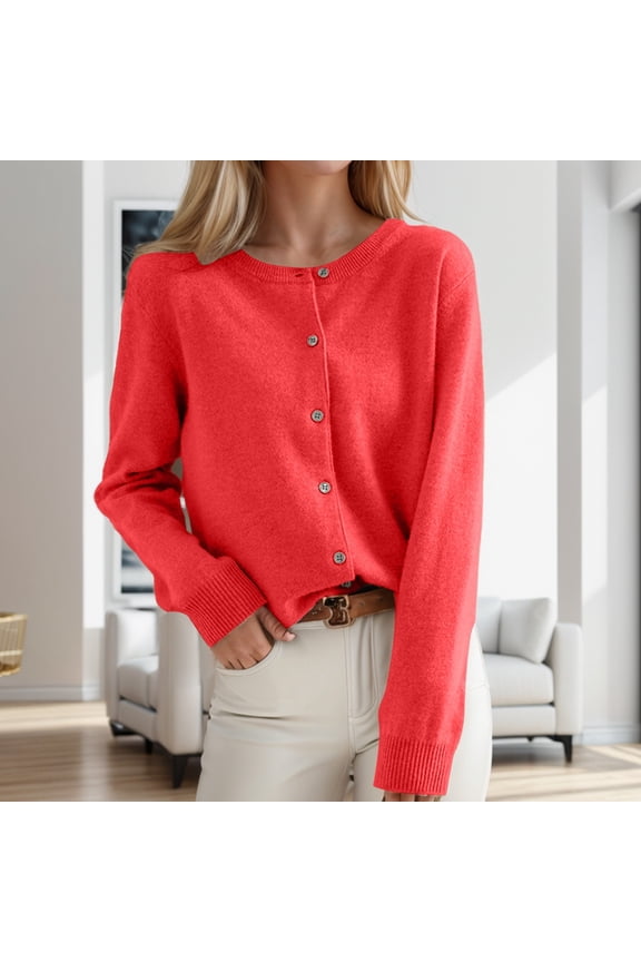 Women's Cardigan Sweater Crew Neck Button Collar Knit Cardigan Sweaters (Red L)
