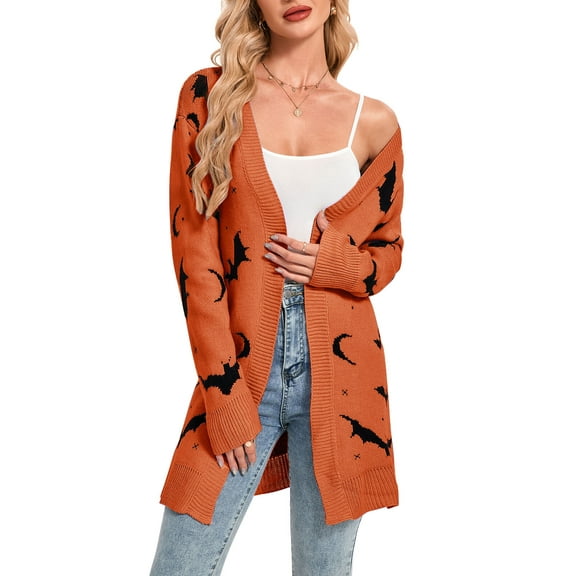 Women's Cardigan Sweater Halloween Day V Neck Sweater Open Front Kimono Cardigan Bat Printed Soft Knit Cardigans Sweater Alsol Lamesa