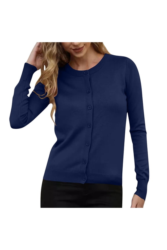 Women's Cardigan Sweater Long Sleeve Crewneck Button Down Solid Cable Knit Coat Navy 2XL