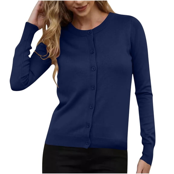 Women's Cardigan Sweater Long Sleeve Crewneck Button Down Solid Cable Knit Coat Navy L