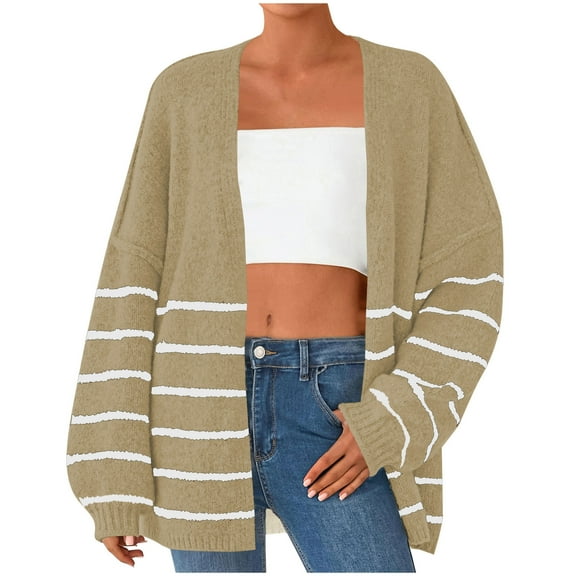 Women's Cardigan Sweater Long Sleeve Striped Coat Khaki XL
