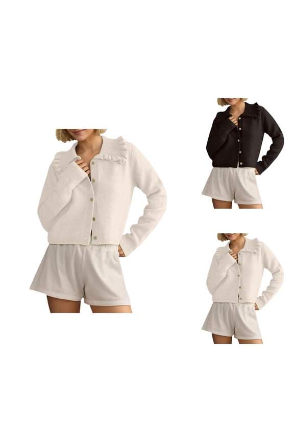 Women’s Cardigan Sweater, Ruffle Collar Cropped Knit Jacket, Button Down Long Sleeve Fall Fashion Outerwear