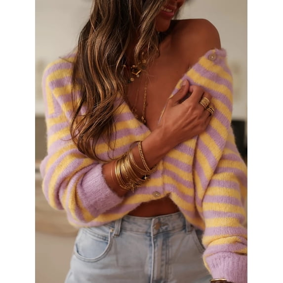 Women's Cardigan Sweater Top; Light Purple & Yellow Striped, Small Round Neck; Cute Cool Girl Daily, Easter. Vacation