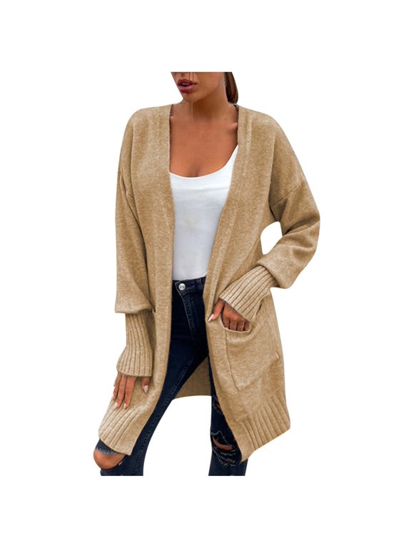 Women's Cardigan SweaterSolid Color Medium -length Cardigan Wool Sweater Pocket Long Sleeve Tops