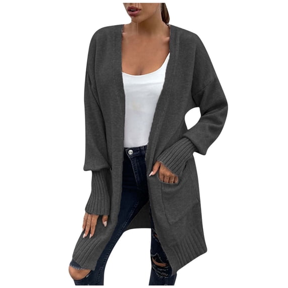 Women's Cardigan SweaterSolid Color Medium -length Cardigan Wool Sweater Pocket Long Sleeve Tops