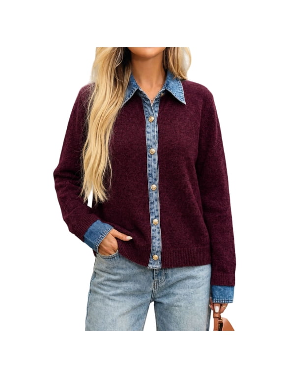 Women's Cardigan Sweaters Denim Patchwork Trim Knitted Tops Long Sleeve Button Outerwear , M
