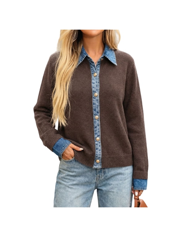 Women's Cardigan Sweaters Denim Patchwork Trim Knitted Tops Long Sleeve Button Outerwear , M