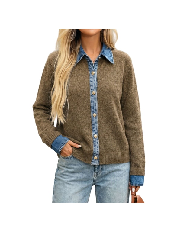 Women's Cardigan Sweaters Denim Patchwork Trim Knitted Tops Long Sleeve Button Outerwear , M