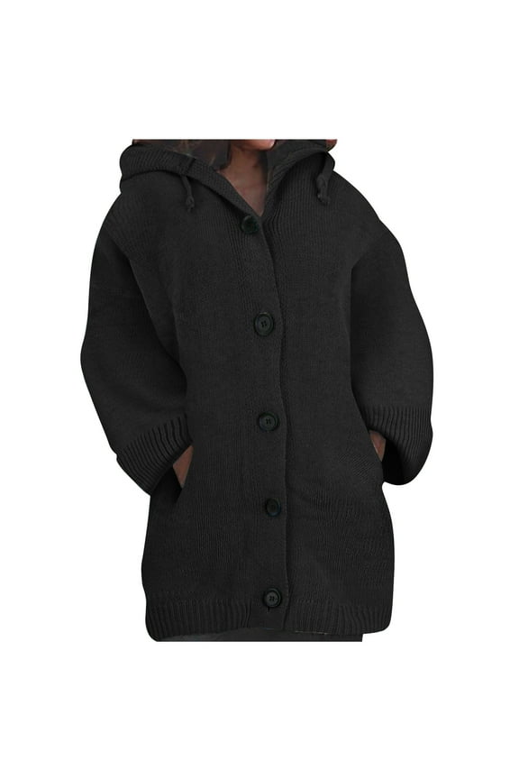 Women's Cardigan Sweaters Hooded Button Down Front Jackets Winter Coat with Pockets Black 4XL