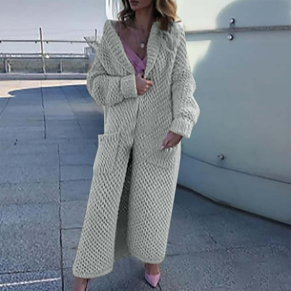 Women's Cardigan Sweaters Long Sleeve Plus Size Solid Cable Knit Open Front Outerwear Ndbuld Women's Winter Long Sleeved Solid Color Knit Sweater Pocket Cardigan Jacket Gift for Adults Gray S