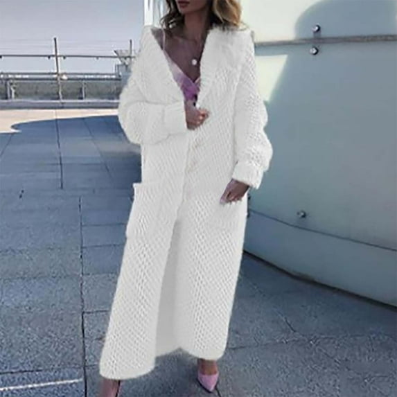 Women's Cardigan Sweaters Long Sleeve Plus Size Solid Cable Knit Open Front Outerwear Ndbuld Women's Winter Long Sleeved Solid Color Knit Sweater Pocket Cardigan Jacket Gift for Adults White L