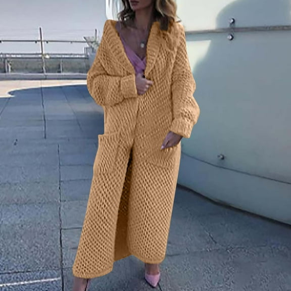 Women's Cardigan Sweaters Long Sleeve Plus Size Solid Cable Knit Open Front Outerwear Ndbuld Women's Winter Long Sleeved Solid Color Knit Sweater Pocket Cardigan Jacket Gift for Adults Khaki 3XL