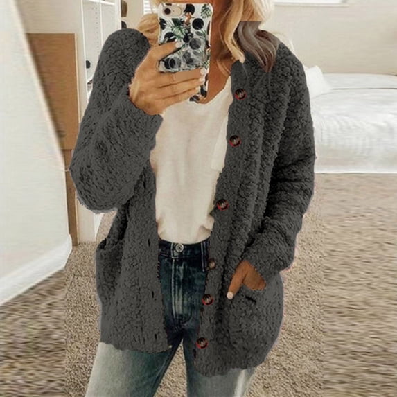 Women's Cardigan Sweaters Plus Size 2024 Fall Casual Loose Fit Long Sleeve Buttons Warm Knit Sweaters Cardigan Coat With Pockets Dark Gray M