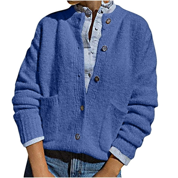 Women's Cardigan Sweaters Plus Size Fashion Casual Long Sleeve Solid Color Button Knitted Jackets with Pockets (Blue M)