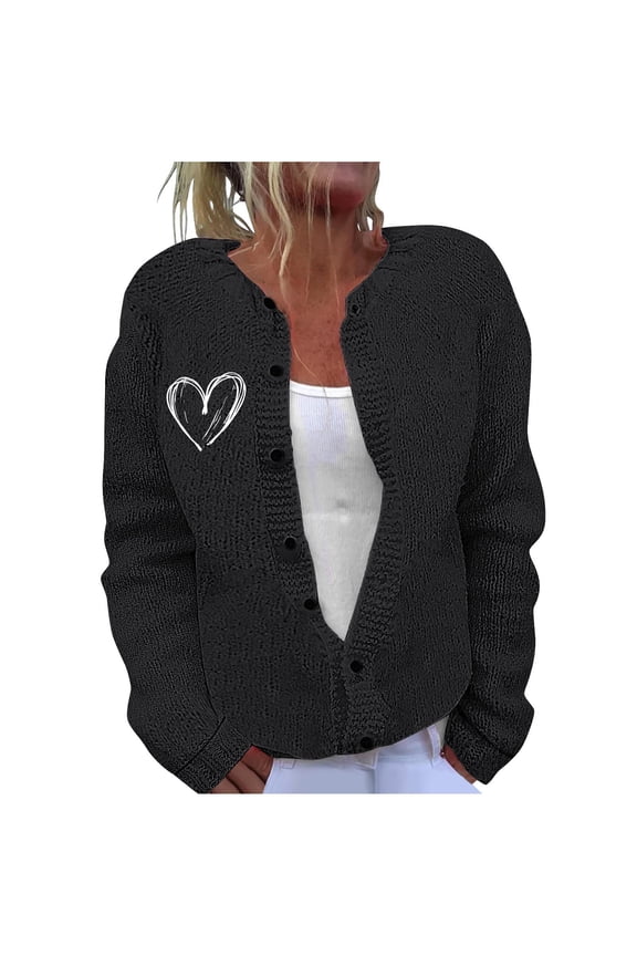 Women's Cardigan Sweaters Plus Size Heart Graphic Knitted Coats with Pockets Casual Loose Long Sleeve Sweaters Outerwear (Black XL)