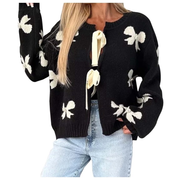 Women's Cardigan Sweaters Tie Front Bow Knit Long Sleeve Jacket Coats,Black,L