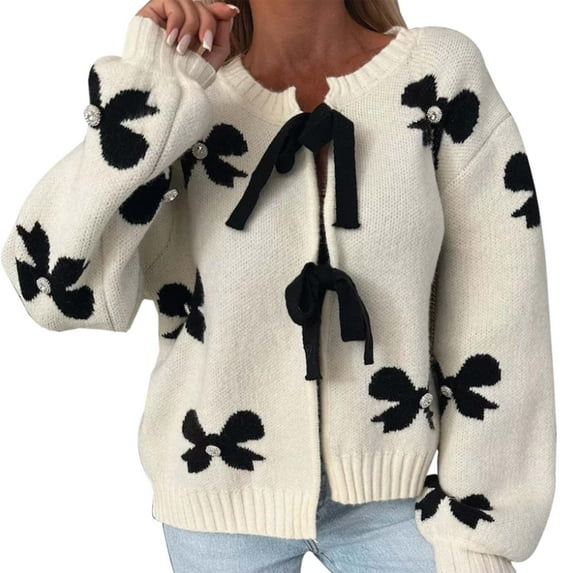 Women's Cardigan Sweaters Tie Front Bow Knit Long Sleeve Jacket Coats,White,S