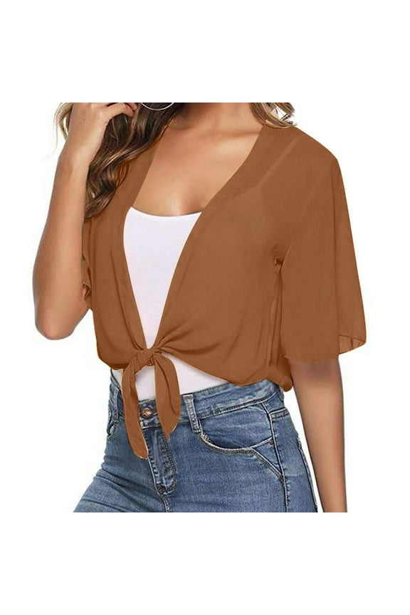 Women's Cardigan Tie Front Design Sheer Short Sleeve Stylish Cropped Length for Any Occasion Lightweight Chiffon Fabric for Layering