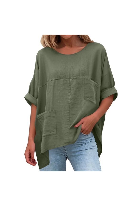 Women's Cardigan Tops 3/4 Sleeve Crew Neck Cotton Linen Summer Jackets Solid Color Lightweight Breathable Layering Blouses