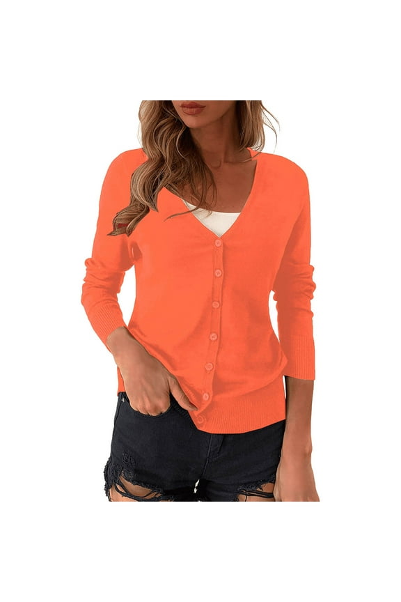 Women's Cardigan V Neck Cardigan Sweater Plus Jacket Solid Color Knitted Sweater,Orange Women's Cardigan M