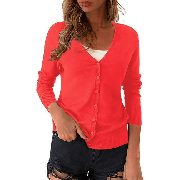 Women's Cardigan V Neck Cardigan Sweater Plus Jacket Solid Color Knitted Sweater,Red Women's Cardigan L