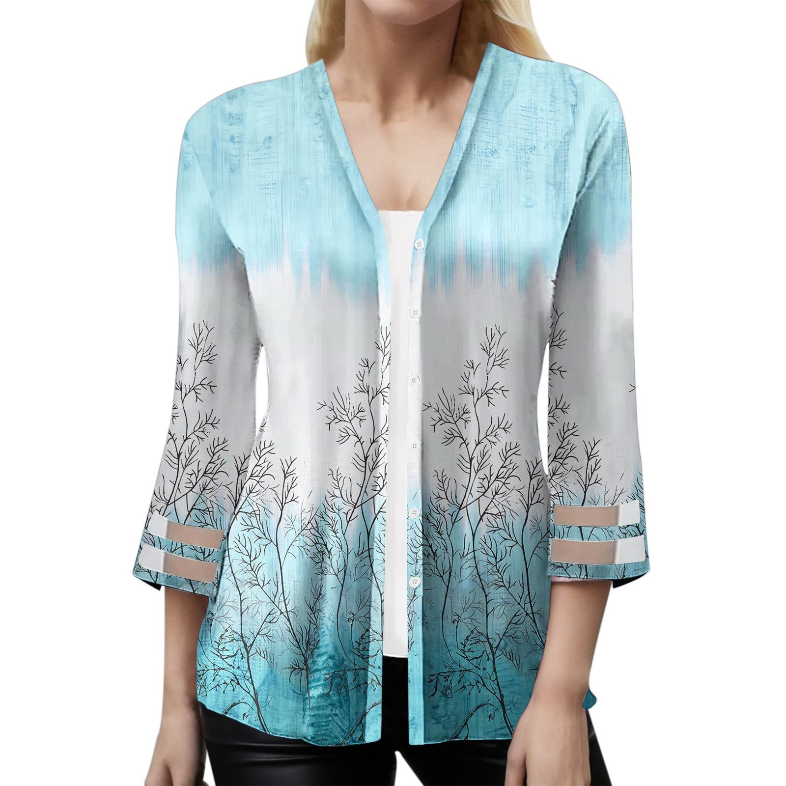 Women's Cardigan V Neck Printed Single Seven Point Mid Long Sleeved ...