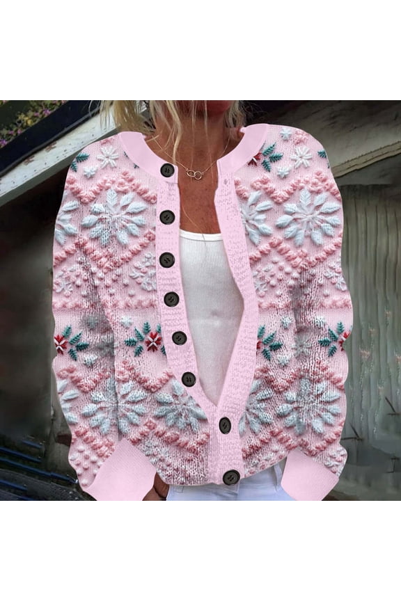 Women's Cardigans Christmas Printed Crew Neck Button Down Cozy Long Sleeve Jacket Warm 2025 Fall Winter Trendy Loose Casual Womens Sweaters Pink XL