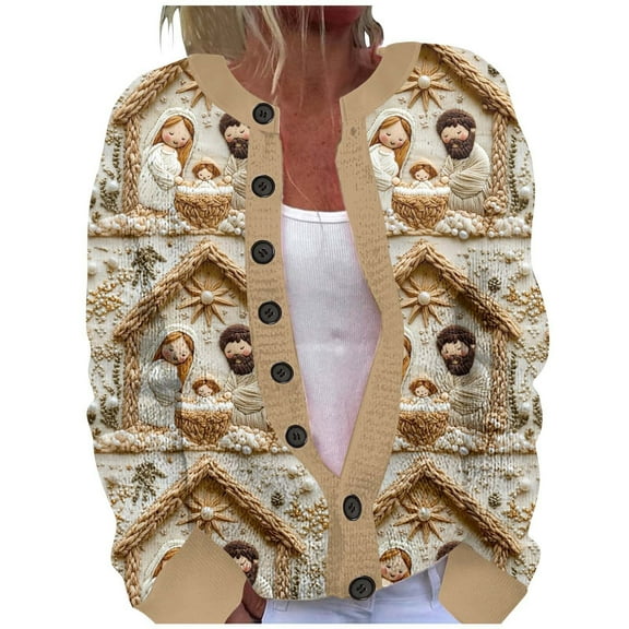 Women's Cardigans Christmas Printed Crew Neck Button Down Jacket Cozy Long Sleeve Warm 2025 Fall Winter Trendy Loose Casual Work Sweaters for Women YE Khaki L