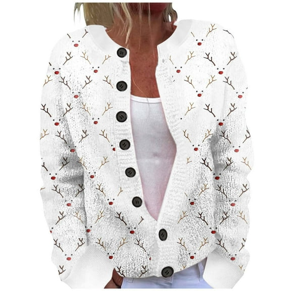 Women's Cardigans Christmas Snowman Printed Cozy Long Sleeve Jacket Crew Neck Button Down Warm 2025 Fall Winter Trendy Loose Casual Work Sweaters for Women YD White XXXXXL