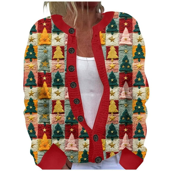 Women's Cardigans Christmas Tree Printed Crew Neck Long Sleeve Jacket Warm 2025 Fall Winter Button Down Cozy Trendy Loose Casual Work Sweaters for Women YF Multicolour L