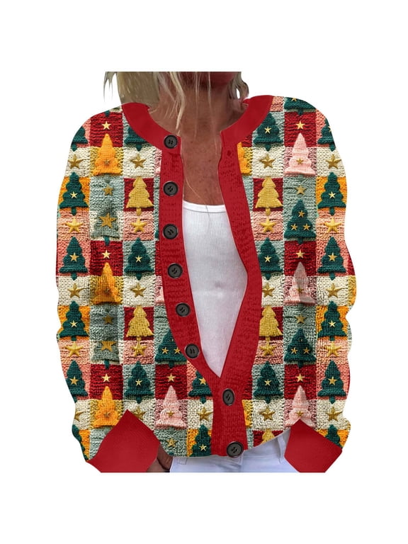 Women's Cardigans Christmas Tree Printed Crew Neck Long Sleeve Jacket Warm 2025 Fall Winter Button Down Cozy Trendy Loose Casual Work Sweaters for Women YF Multicolour XXXXL