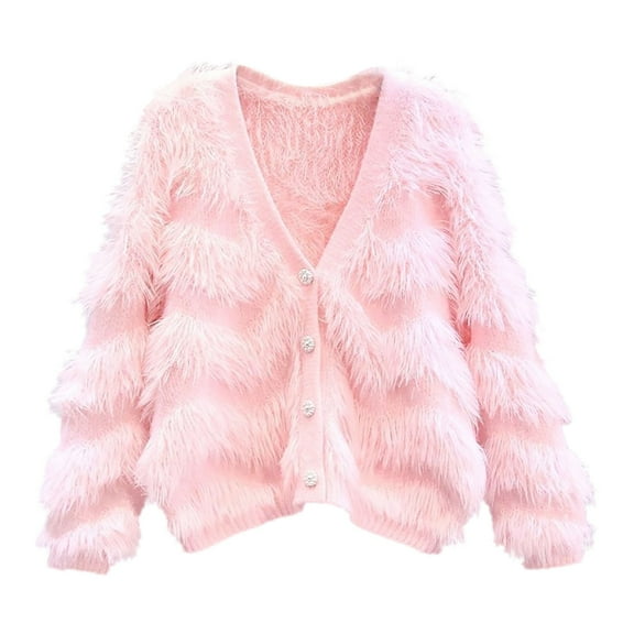 Women's Cardigans Cropped Fuzzy Long Sleeve Open Front Sweaters for Women Casual Button Down Vneck Knitted Coat (Pink Free Size)