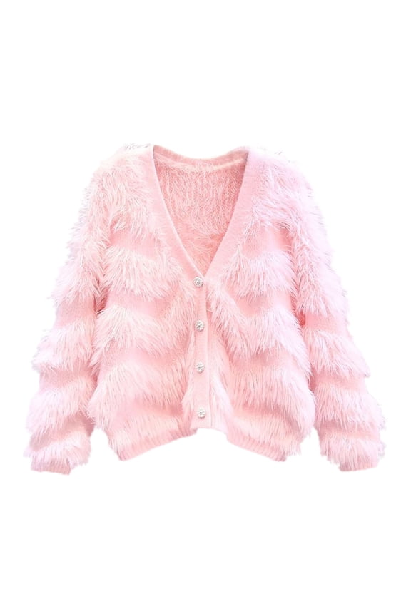 Women's Cardigans Cropped Fuzzy Long Sleeve Open Front Sweaters for Women Casual Button Down Vneck Knitted Coat (Pink Free Size)