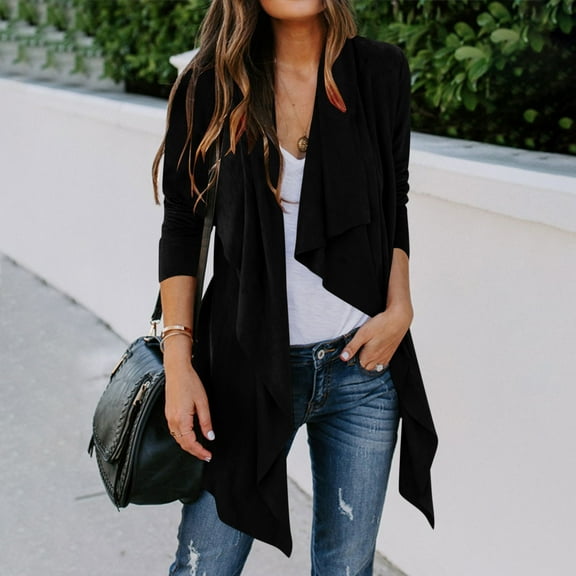 Women's Cardigans Faux Suede Lightweight Jacket Casual Long Sleeve Lapel Coat Solid Color Open Front Cardigan Black M