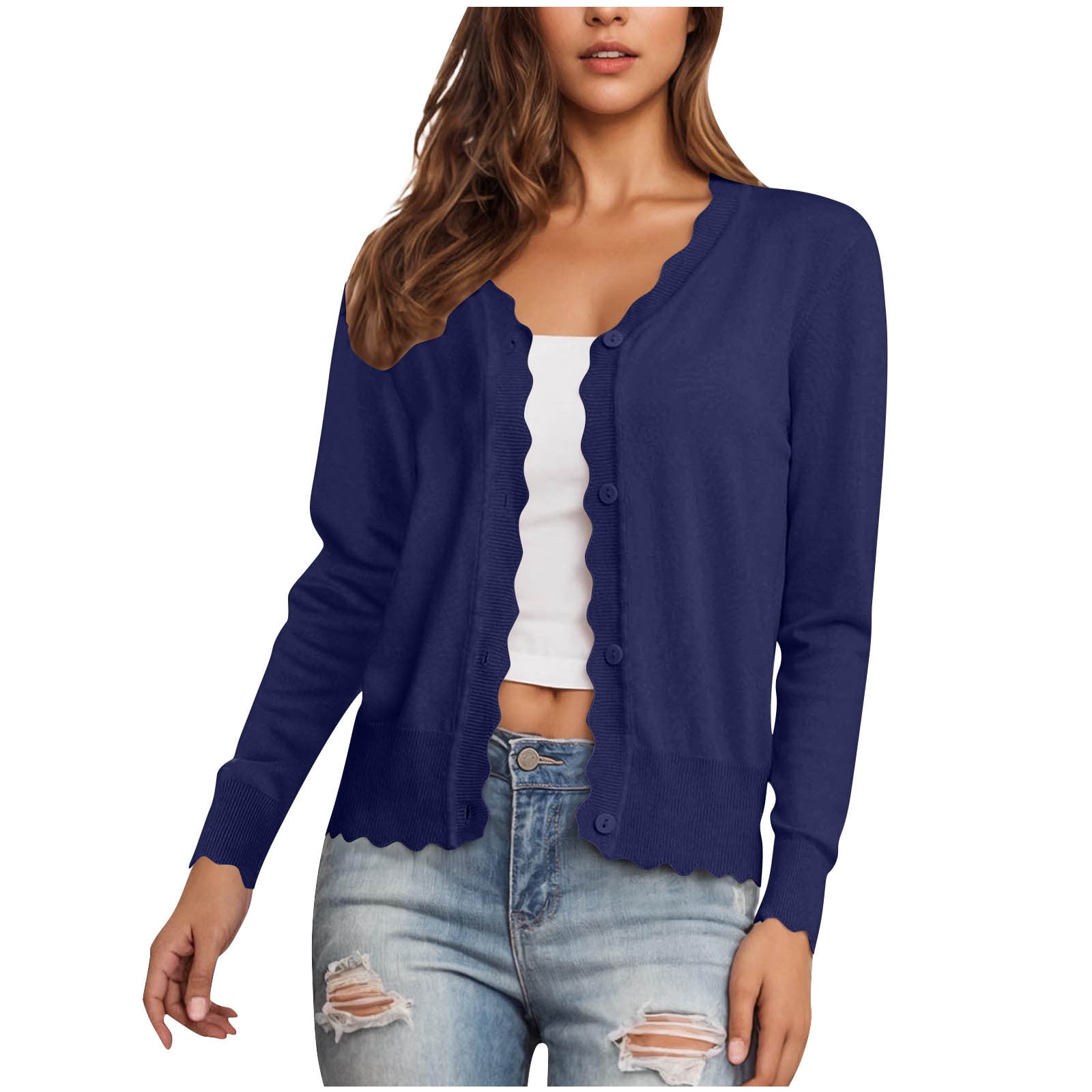 Women's Cardigans Knit Long Sleeve V Neck Button Down Lightweight Ladies  Scalloped Shrugs Jumper Cardigan for Dress Summer Evening Wedding -  Walmart.com