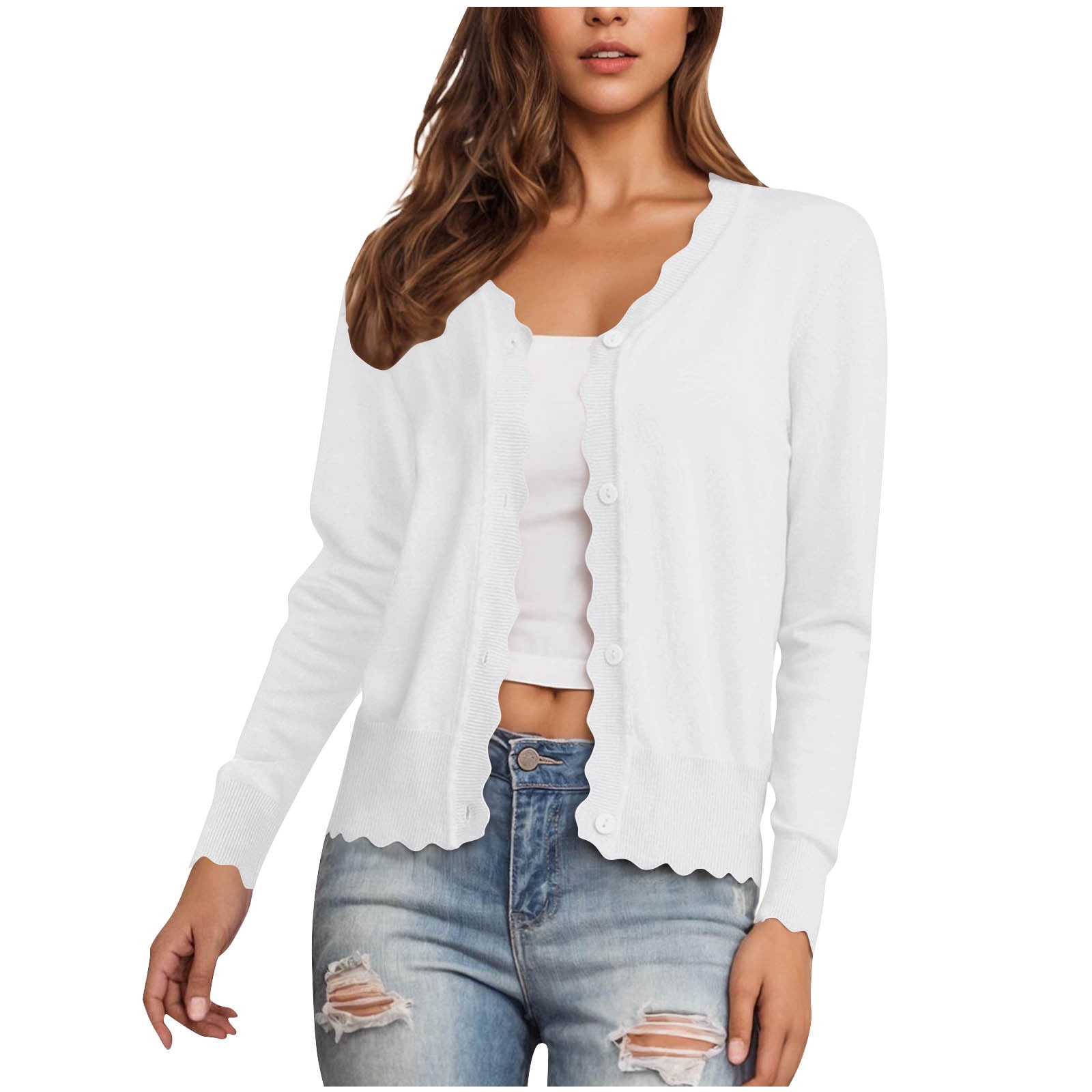 Whitleig Women's Cardigans Knit Long Sleeve V Neck Button Down Lightweight Ladies Scalloped Shrugs Jumper Cardigan for Dress Summer Evening Wedding,