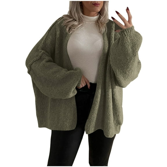 Women's Cardigans Long Sleeve Chunky Knit Solid Color Loose Coats Casual Open Front Casual Lantern Sweaters (Green M)
