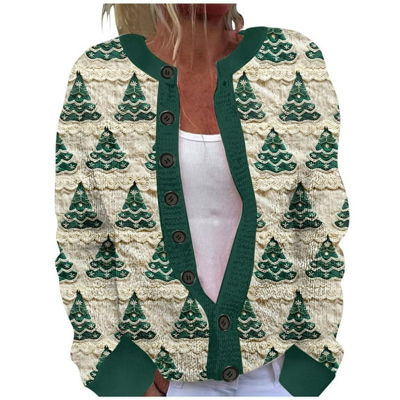 Women's Cardigans Xmas Tree Printed Crew Neck Button Down Cozy Long Sleeve Jacket Warm 2025 Fall Winter Trendy Loose Casual Work Sweaters for Women YB Green L