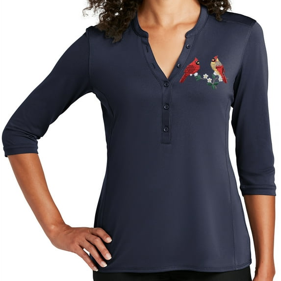 Women's Cardinal Couple on Branch 5-button 3/4 Sleeve Henley Shirt, Medium True Navy