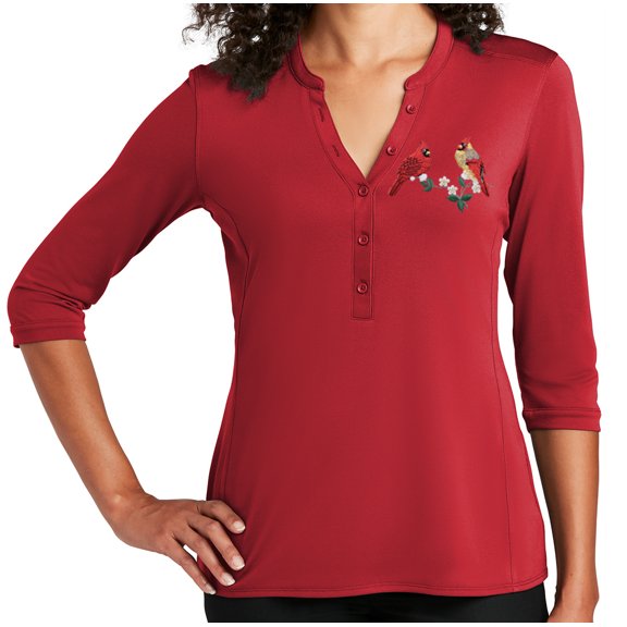 Women's Cardinal Couple on Branch 5-button 3/4 Sleeve Henley Shirt, XL Rich Red