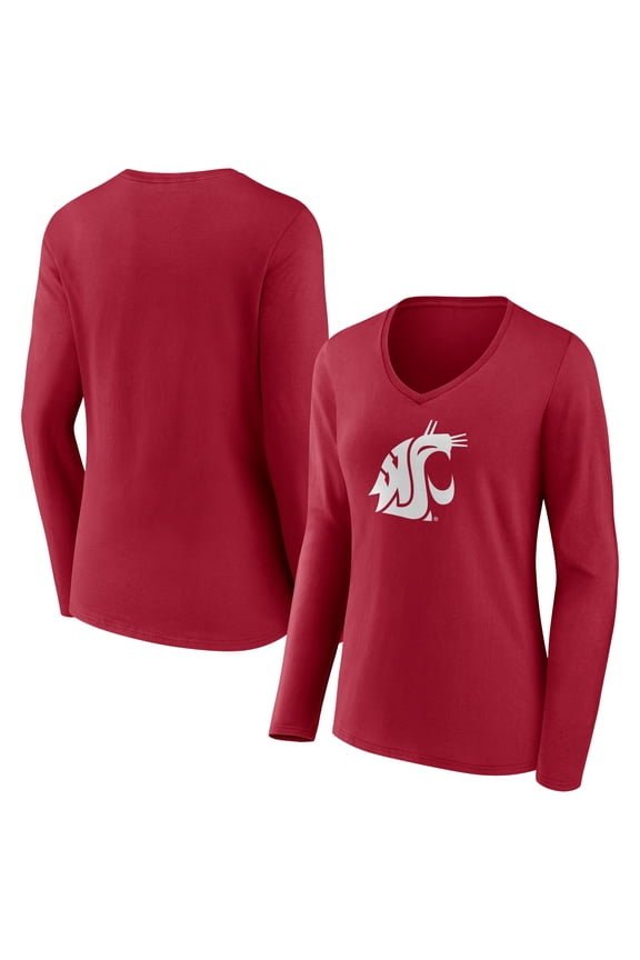Women's Cardinal Washington State Cougars Logo Long Sleeve V-Neck T-Shirt