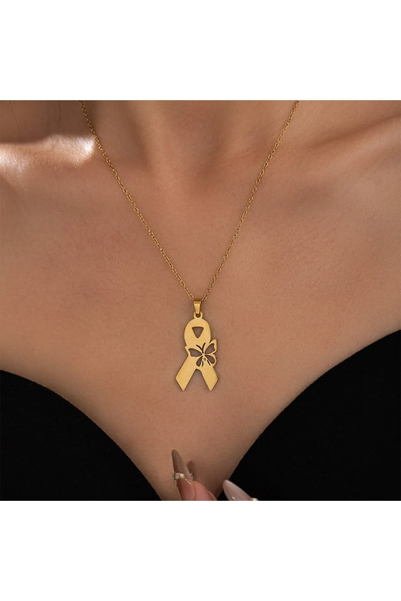 Women's Care Day Pendant Butterfly Ribbon Elegant Necklace, Breast Awareness Jewelry, Alloy Inspirational Hope Support Gift, Silver or Gold Finish