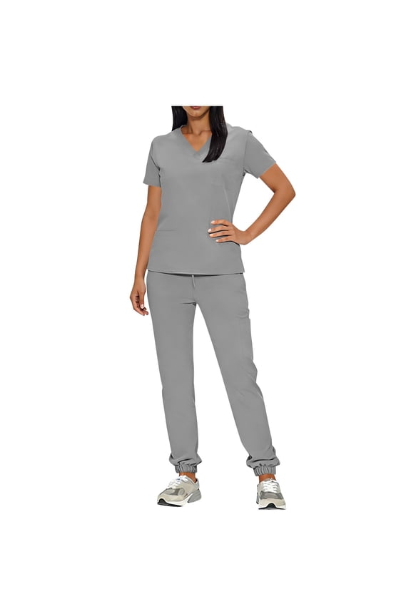 Women's Caregiver Work Uniform Set Solid Color V Neck Short Sleeve Blouse Drawstring Cuffed Pants With Side Pockets Gray M